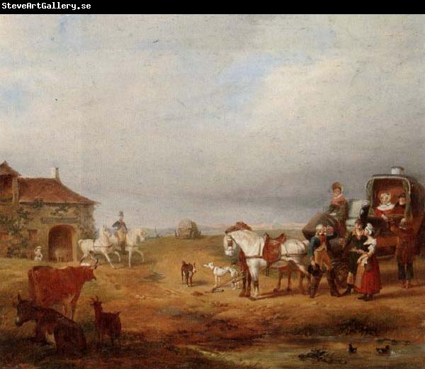 unknow artist An open landscape with a horse and carriage halted beside a pond,with anmals and innnearby